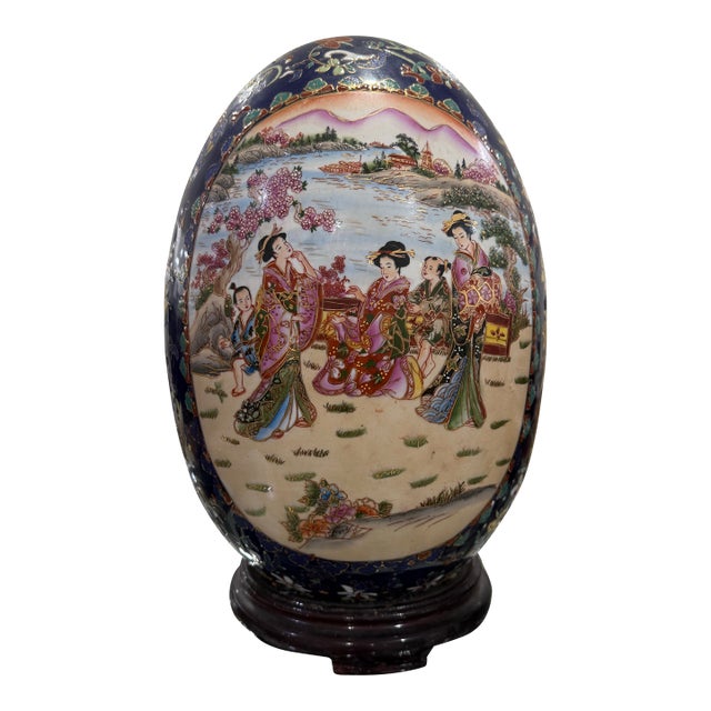 1930s Hand Painted Geisha Girls Large 16.5 in Porcelain Satsuma Egg W Stand Made in China For Sale