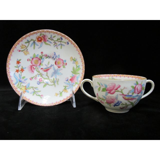 Beautiful Royal Doulton England bone china soup/cream bowl with handles and saucer, set of 2 (2 cups, 2 saucers) in...