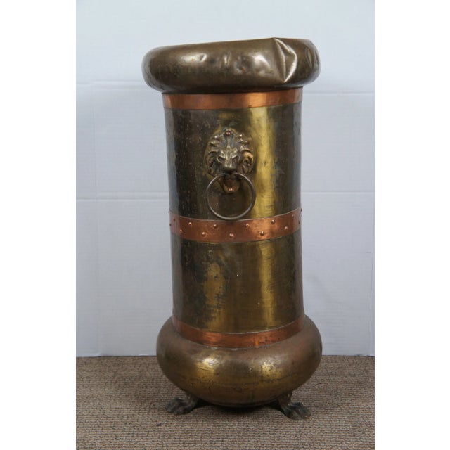Early 20th Century Arts & Crafts Brass Copper Lion Head Claw Foot Umbrella Cane Stand For Sale - Image 6 of 12