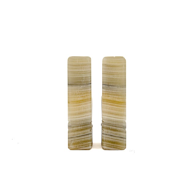 Mid 20th Century Vintage Hand Carved Striped Onyx Marble Split Fleur De Lis Bookends For Sale - Image 5 of 8