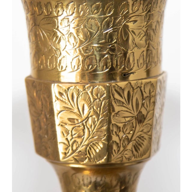 Vintage Polished Etched Brass Candle Holder Table Lamp India 1950 For Sale - Image 11 of 18