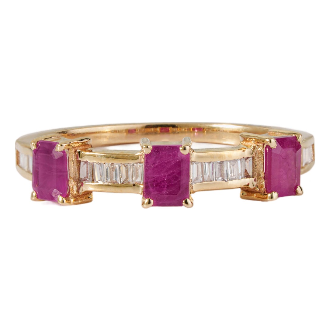 14k Gold Emerald-Cut Ruby & Baguette Diamond Modern Band Ring Size 5.5 ...
