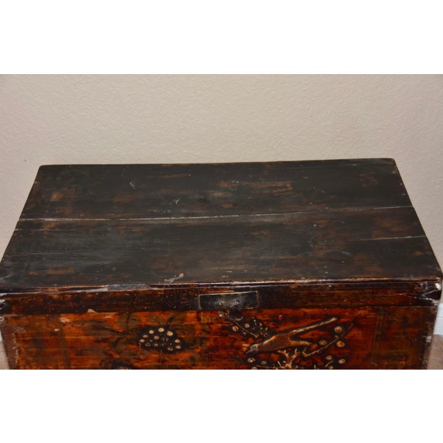Antique Chinese Lacquer Hand Painted Coffer Carved Elm Wood Chest/Trunk For Sale - Image 4 of 9