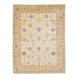Modern Khotan Style Hand-Knotted Cream Wool Rug Pomegranate Tree of Life Design For Sale