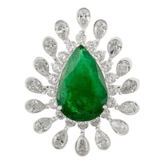 4.62 Ct Pear Cut Emerald Diamond Cocktail Ring Size 5.5 in 18k Solid Gold For Sale