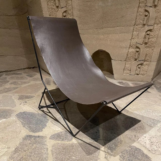 2000s Modern Studio Lounge Chair Brown Leather Sling Iron For Sale - Image 11 of 12