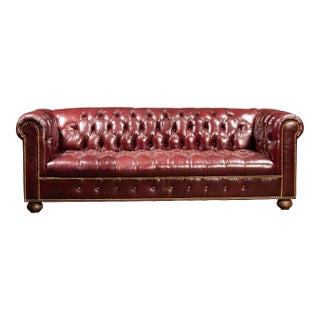 Vintage Deep Red Leather Tufted Chesterfield Sofa With Brass Nailhead Trim For Sale