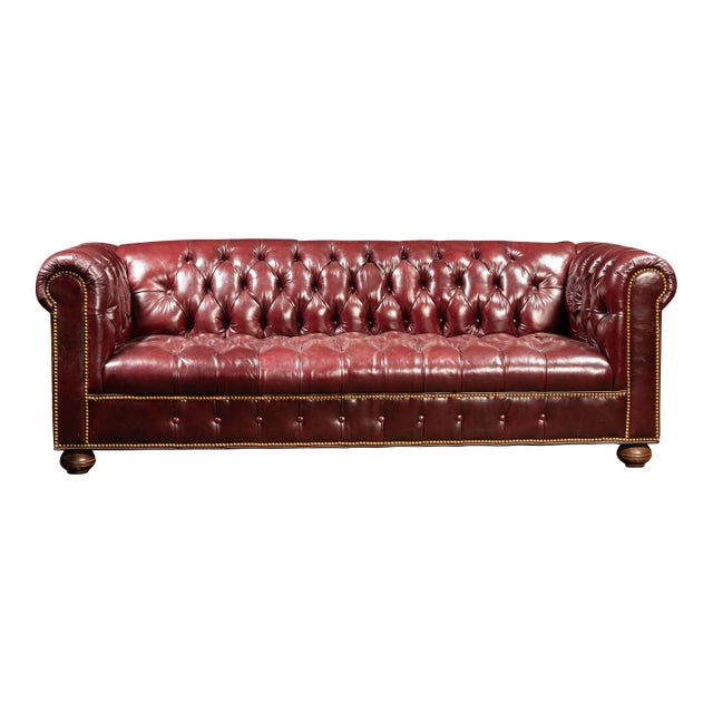 Vintage Deep Red Leather Tufted Chesterfield Sofa With Brass Nailhead Trim For Sale