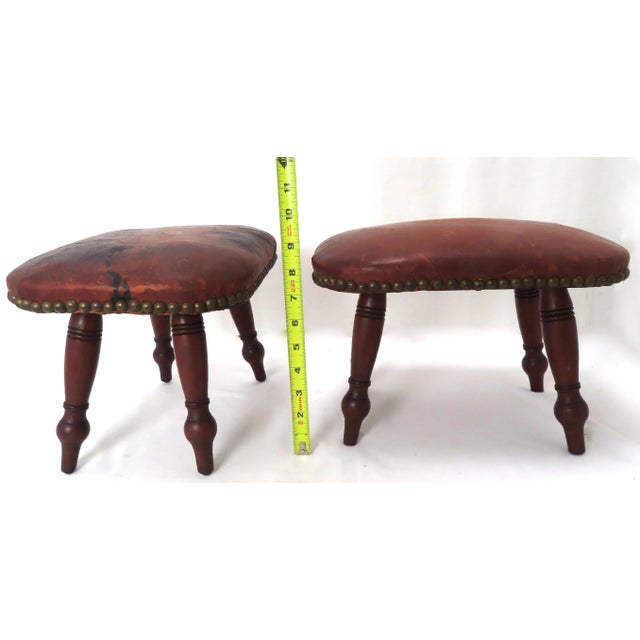 Antique Georgian Leather Upholstered Cushion Top Mahogany Fireside Footstools a Pair For Sale - Image 10 of 13