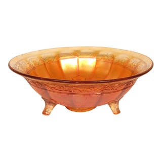 Antique 1910s Orange Marigold Carnival Glass 3 Footed Floral + Foliate Bowl For Sale