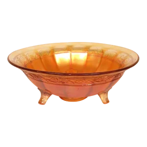 Antique 1910s Orange Marigold Carnival Glass 3 Footed Floral + Foliate Bowl