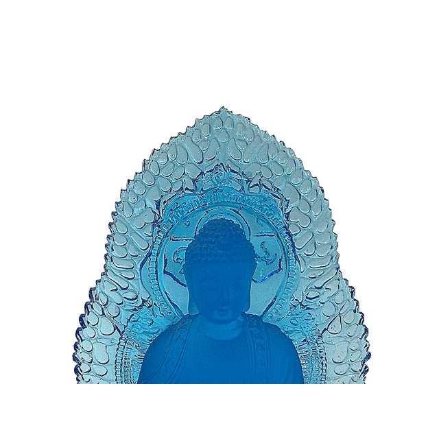 Blue Crystal Glass Sitting Buddha Lotus Base Mandorla Halo Back Statue For Sale In San Francisco - Image 6 of 10