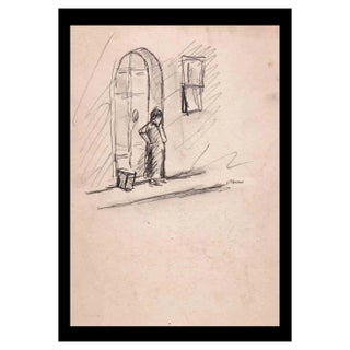Mino Maccari, Tuscany on the Doorstep, Pencil Drawing, 1950 For Sale
