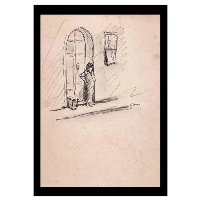 Mino Maccari, Tuscany on the Doorstep, Pencil Drawing, 1950 For Sale