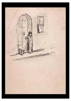 Mino Maccari, Tuscany on the Doorstep, Pencil Drawing, 1950