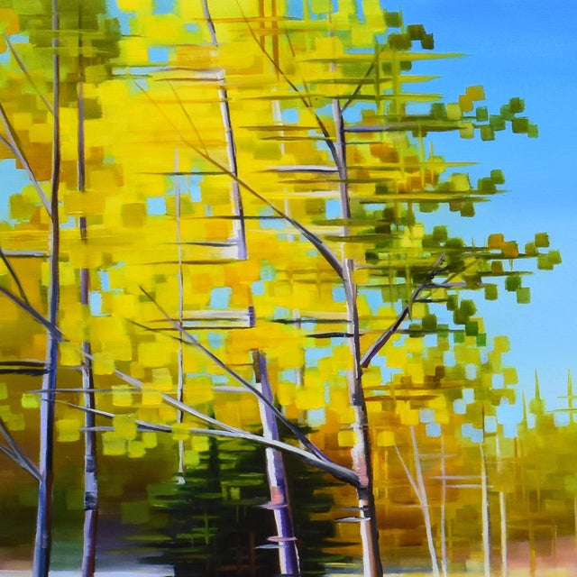This artwork captures the vibrant essence of autumn with a landscape filled with golden foliage and shimmering light. The...