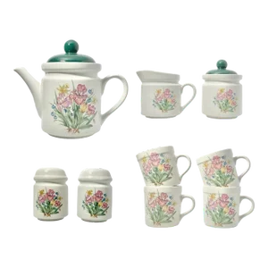 1980s 9-Piece Portmeirion-Style Botanical Floral Iris Ceramic Serving Dinnerware Set