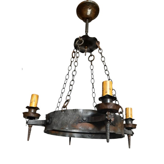 Silver Antique Hand Forged Iron Chandelier With Flowers and Original Patina For Sale - Image 8 of 9