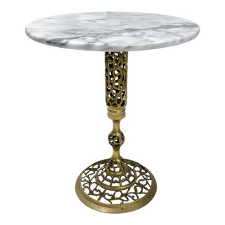 Vintage French Style Marble Top Brass Filigree Base Table For Sale