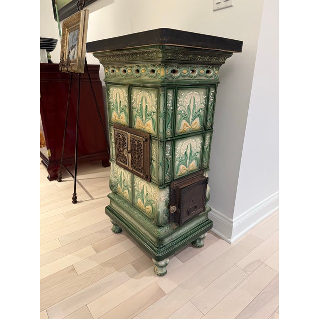 Art Nouveau Antique Majolica Tile Parlor Stove For Sale - Image 3 of 4