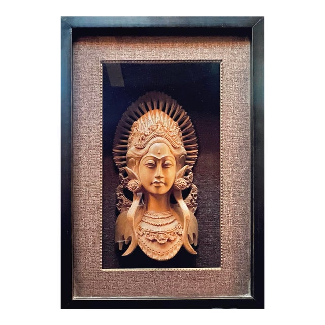 Framed Balinese Goddess Sculpture, Hand-Carved Crocodile Wood For Sale