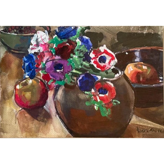 Postmodern Modernist Floral Still Life Watercolor Anemones and Apples by Evangeline Smedley in Custom Shadow Box Frame 1986 For Sale - Image 3 of 10