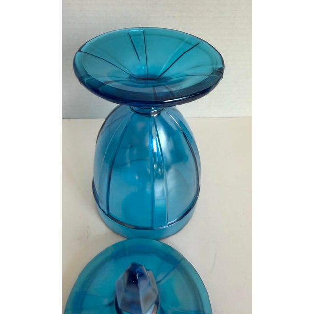 Early 20th Century Iridescent Peacock Blue Lidded Pedestal Candy Jar, Attributed to Fenton For Sale - Image 9 of 11