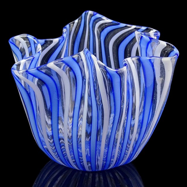 Beautiful vintage Murano hand blown Filigrana stripes Italian art glass mini decorative fazzoletto handkerchief vase....