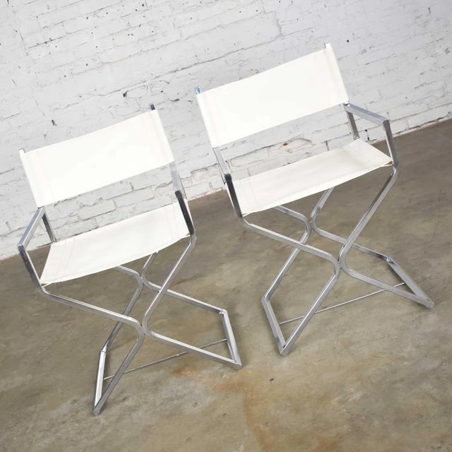 Mid-Century Modern Mid-Century Modern Campaign Style Directors Chairs White & Chrome Attributed Robert Kjer Jakobsen for Virtue Brothers For Sale - Image 3 of 12