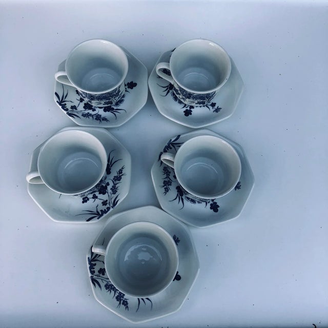 Vintage blue and white floral, set of 5 teacups and octagon saucers, makers mark reads " Royal Staffordshire Liberty J&G...