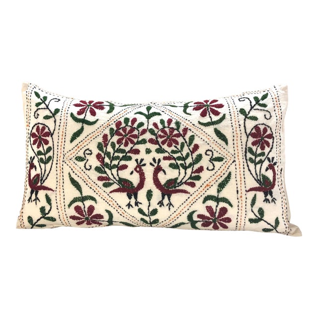Green & Red Embroidery Indian Long Bolster Pillow For Sale