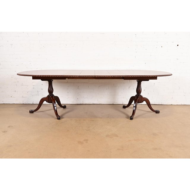 English Baker Furniture Style Georgian Carved Walnut Double Pedestal Extension Dining Table, Newly Refinished For Sale - Image 3 of 14