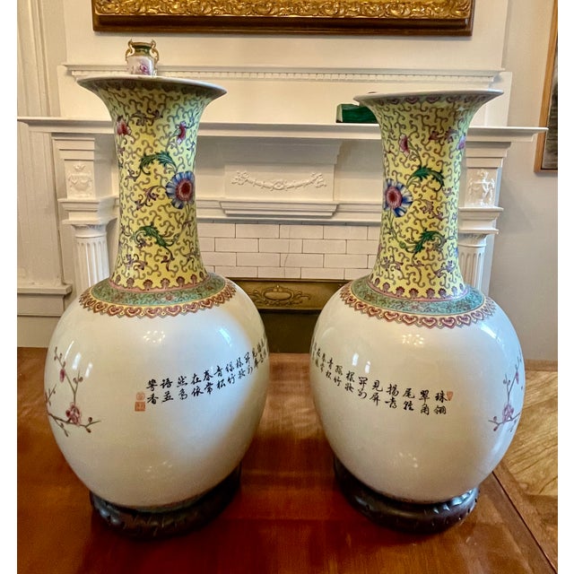 Ceramic Pair of Large 23” Chinese Jingdezhen Famille Rose Porcelain Peacock Vases on Wood Stands For Sale - Image 7 of 14