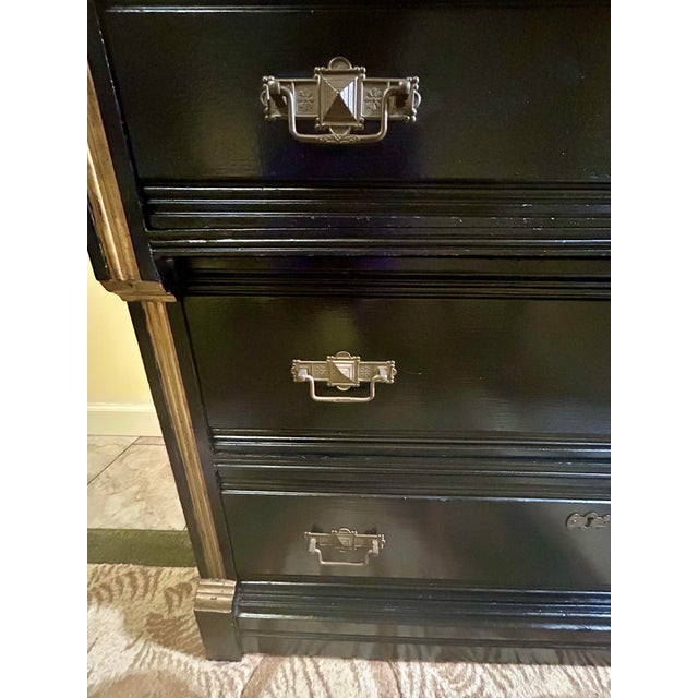 Vintage, Ebonized Wood Commode, Featuring a Marble Top, Three Drawers, Gilded Bronze Mounts, and Gilded Accents on Pilasters, in the Style of Eastlake For Sale - Image 10 of 10