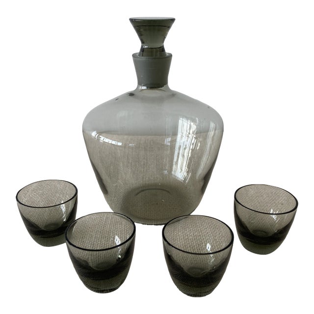 Mid Century Modern Smoke Grey Glass Decanter & Shot Glasses by Richard Sussmuth For Sale