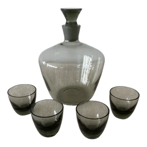 Mid Century Modern Smoke Grey Glass Decanter & Shot Glasses by Richard Sussmuth