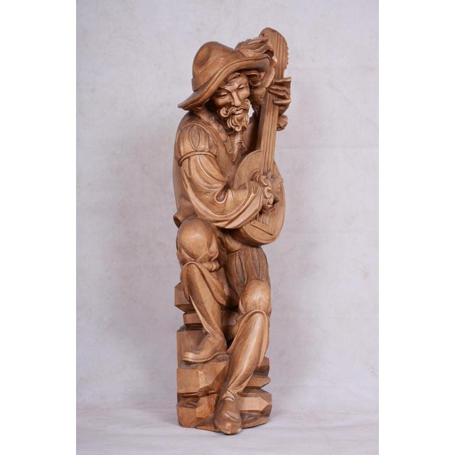 French Artist, Original Neo-Rococo Statuette of Lutenist, 1840s, Lacquered Pear Wood For Sale - Image 4 of 18