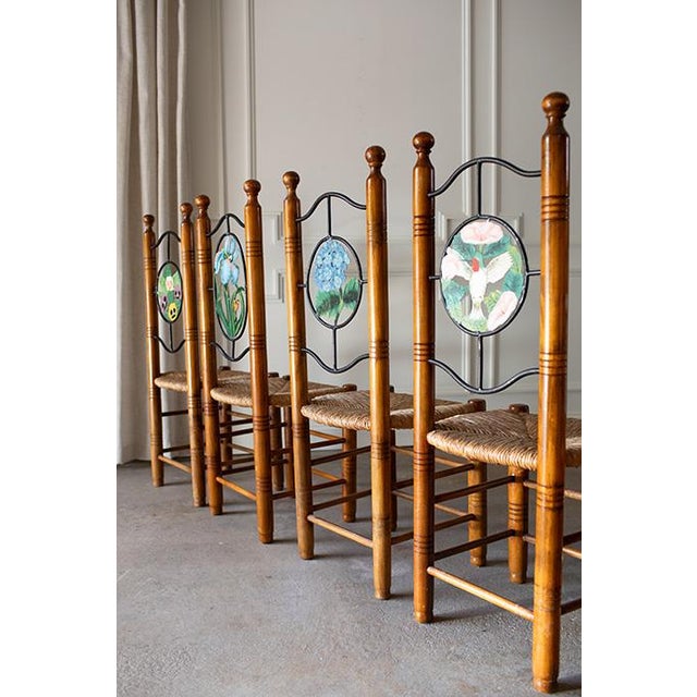 Wood Vintage Hand Painted Folk Art Dining Chairs With Woven Rush Seats - Set of 5 For Sale - Image 7 of 13