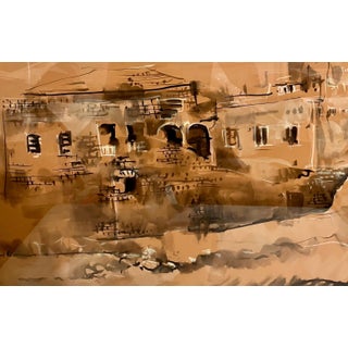 Moshe Gat, Large Israeli Watercolor Gouache Painting Jerusalem Landscape Moshe Gat, c. 1960 For Sale