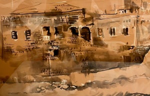 Moshe Gat, Large Israeli Watercolor Gouache Painting Jerusalem Landscape Moshe Gat, c. 1960