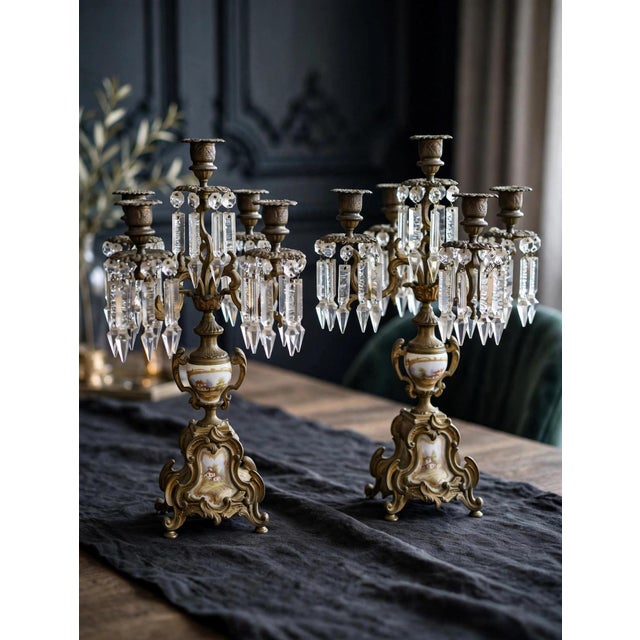 Pair of Antique Victorian Ormolu & Porcelain 5-Arm Candelabras with Crystal Prisms Stunning 19th Century Rococo Revival...