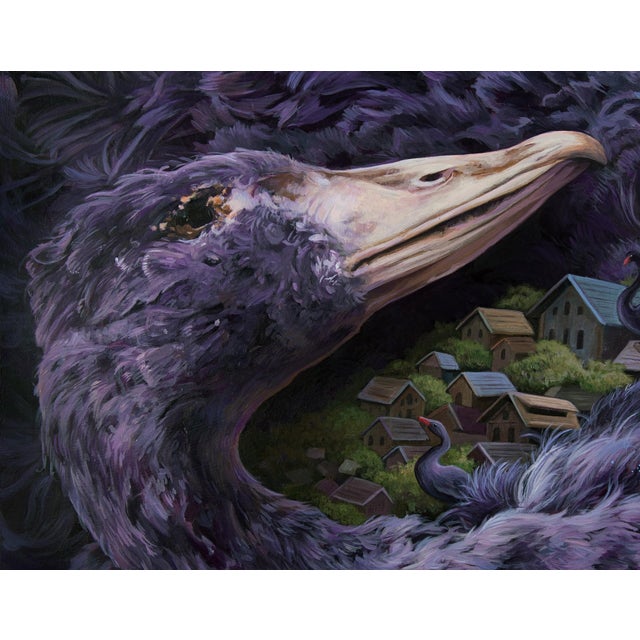 Through The Night by Gigi Chen | Acrylic on Wood Panel of a purple bird with a village inside its feathers For Sale - Image 4 of 5