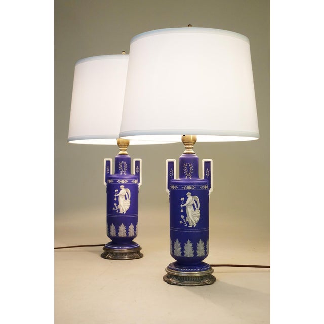 Art Deco 1930s Cobalt Noritake Wedgewood Jasperware Style Neoclassic Art Deco Table Lamps - a Pair For Sale - Image 3 of 15