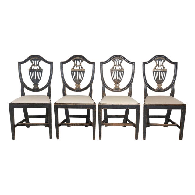 Set of Four 19th Century Swedish Blackened Wood and Gilt Lyre-Back Chairs For Sale
