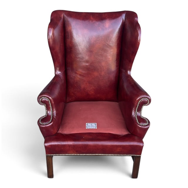 Vintage Burgundy Leather Wingback Chair With Brass Nailhead Trim by Baker For Sale - Image 10 of 18