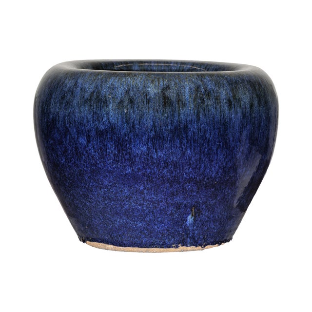 Vintage Chinese Blue-Glazed Ceramic Planter with Rounded Form and Brown Accents For Sale - Image 14 of 18