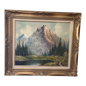 Original Painting of a Mountain Landscape with Lake and Evergreen Trees Signed Framed