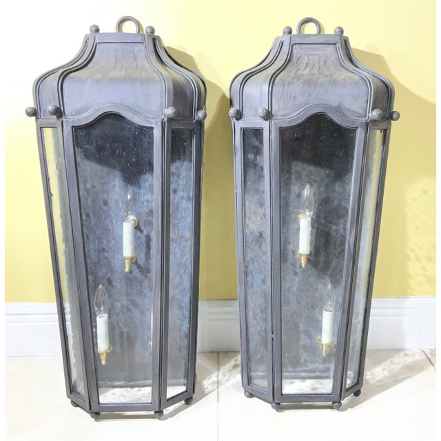 Large Exceptional Pair of Hand-Forged Iron Wall Lanterns Architectural Sconces For Sale - Image 12 of 17