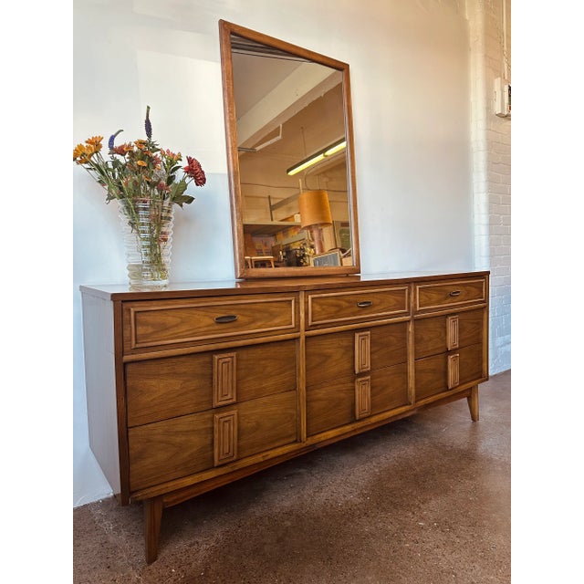 Mid Century Walnut 9 Drawer Dresser With Mirror For Sale In Buffalo - Image 6 of 10