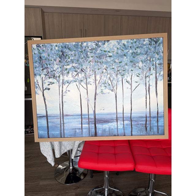 Very nice large landscape painting A grove of trees done in blues and greens. . Feels very yummy . I doubt it’s very old ,...